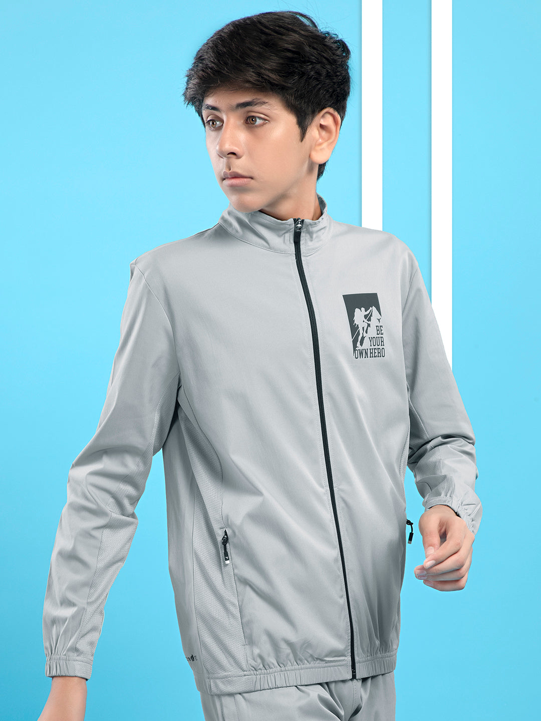 Boys Colorblock Slim Fit Mock Neck Sports Jacket with TS FLEXI