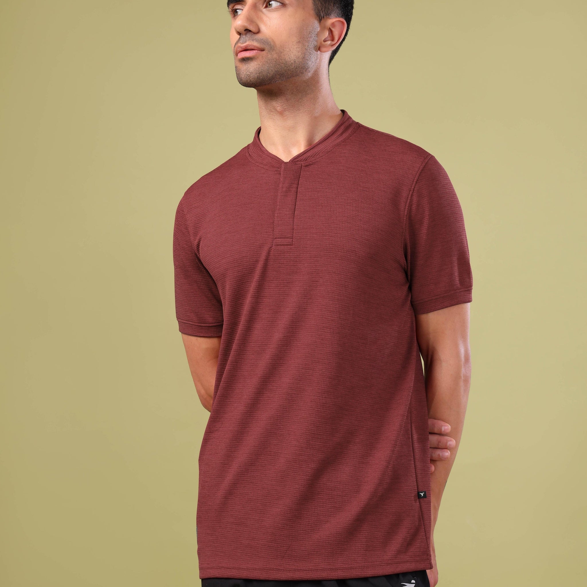 Men Cubic Melange Slim Fit Henley Neck Sports T-shirt with DOUBLE COOL