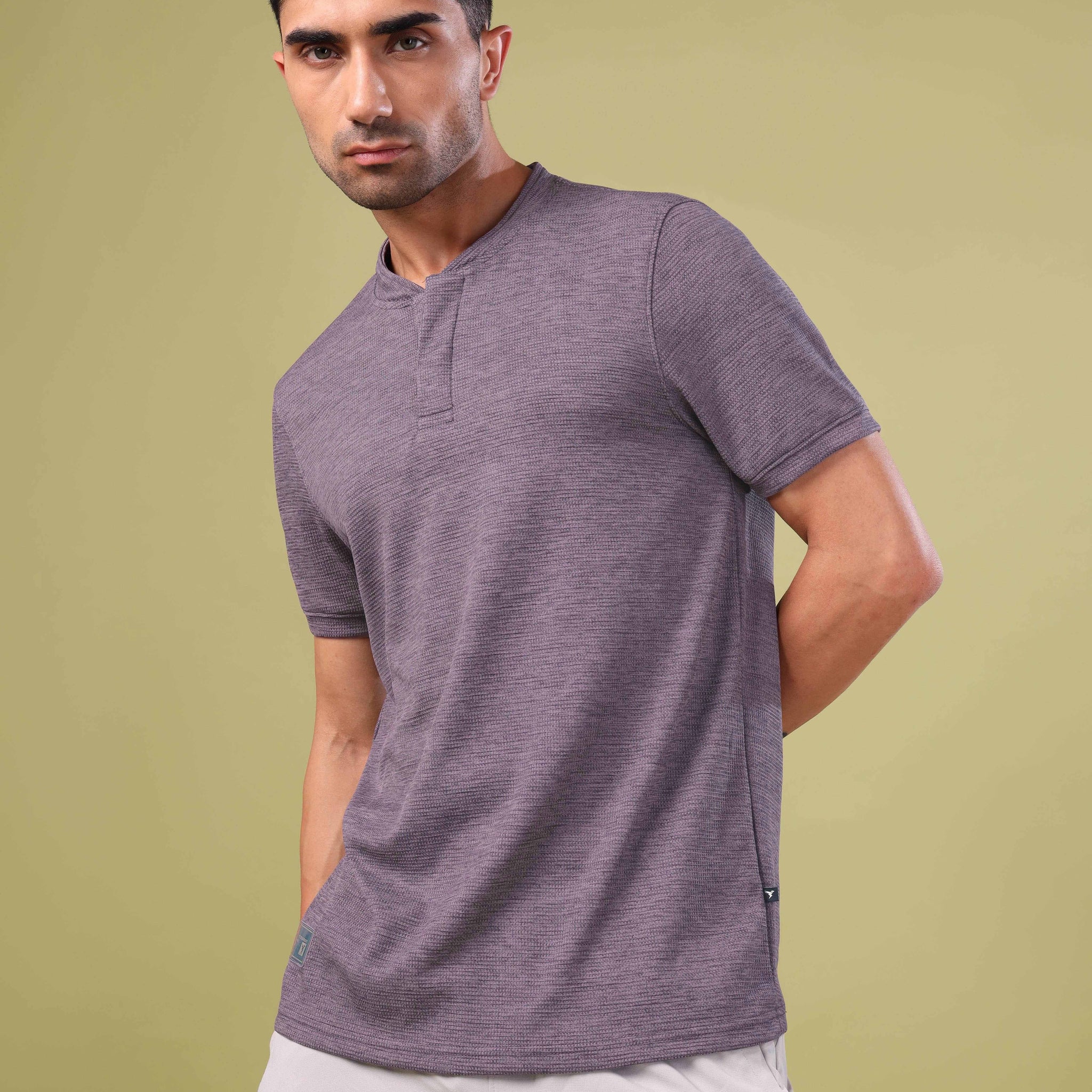 Men Cubic Melange Slim Fit Henley Neck Sports T-shirt with DOUBLE COOL