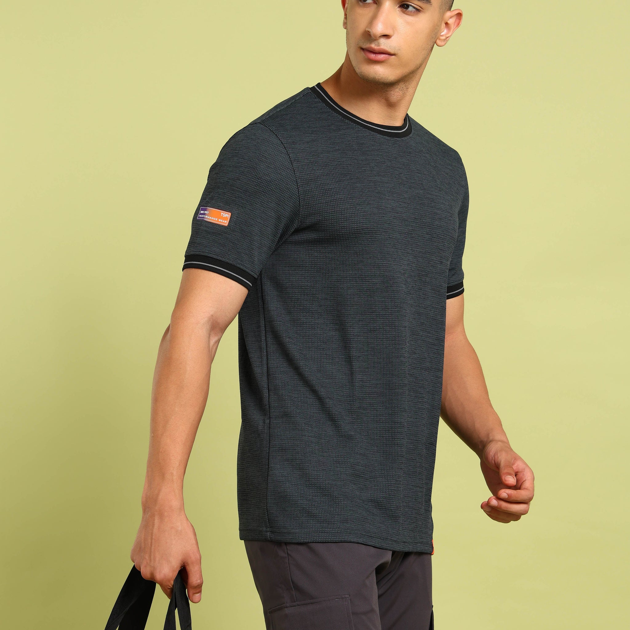 Men Cubic Melange Slim Fit Round Neck Sports T-shirt with DOUBLE COOL