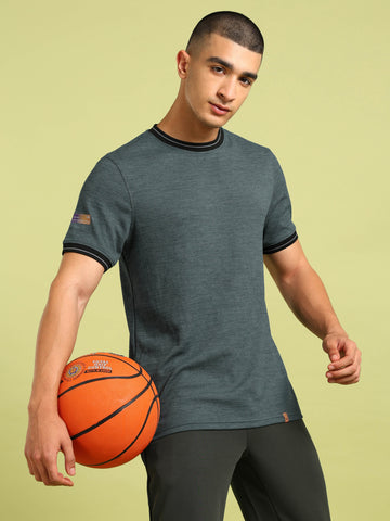 Men Cubic Melange Slim Fit Round Neck Sports T-shirt with DOUBLE COOL