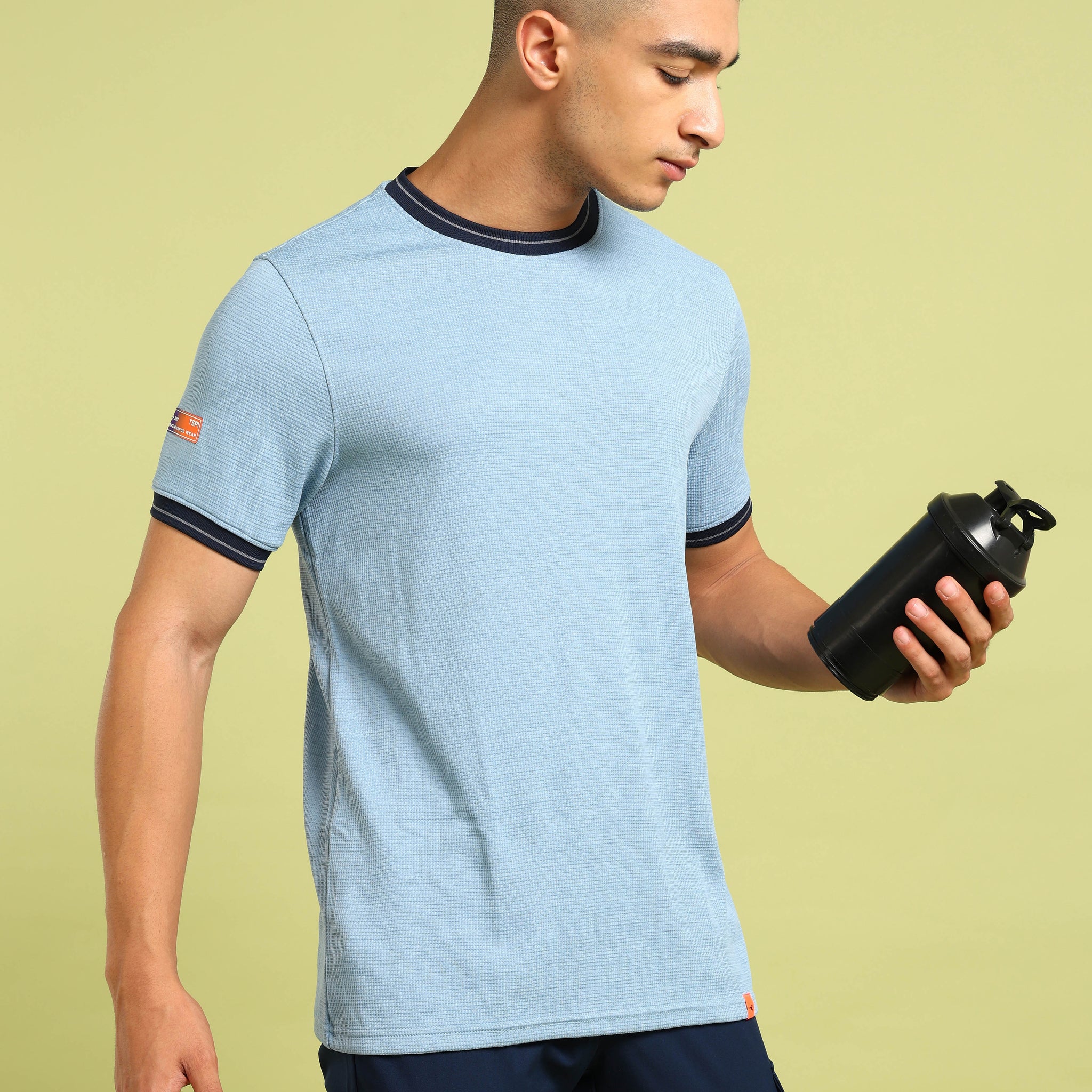 Men Cubic Melange Slim Fit Round Neck Sports T-shirt with DOUBLE COOL