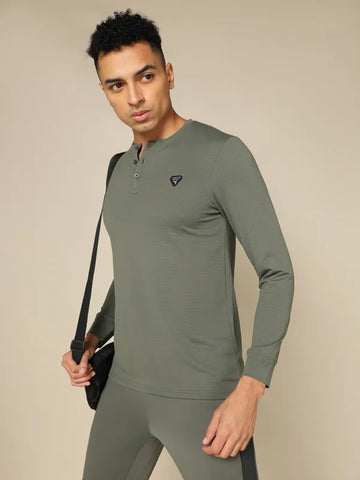 Men Self Design Slim Fit Henley Neck T-shirt with MATPIQ