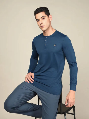 Men Self Design Slim Fit Henley Neck T-shirt with MATPIQ