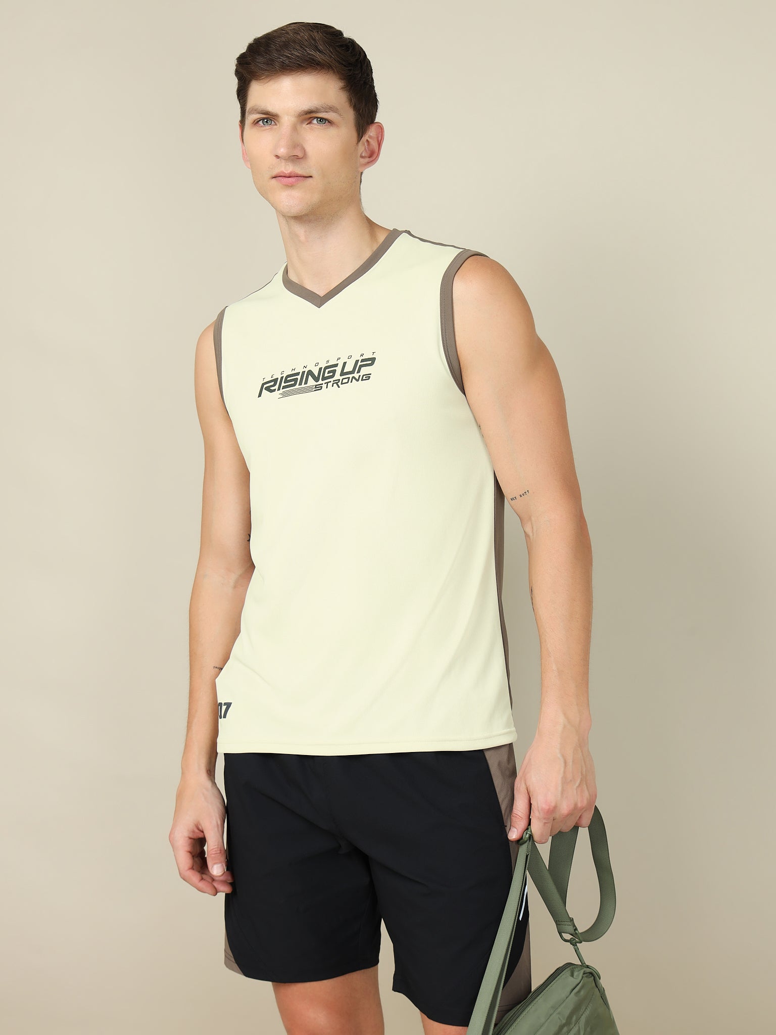 Men Solid Slim Fit V Neck Sleeveless T-shirt with TECHNO COOL +