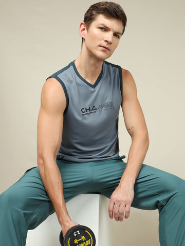 Men Solid Slim Fit V Neck Sleeveless T-shirt with TECHNO COOL +