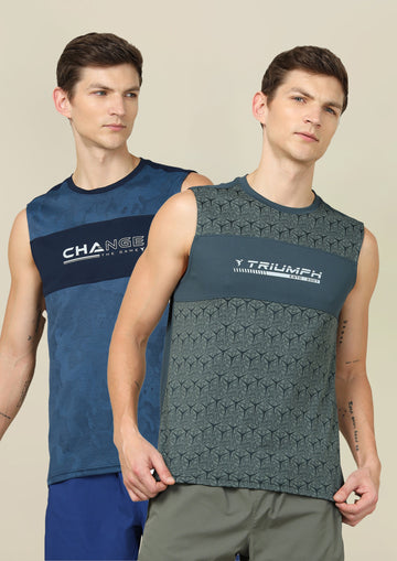 Men Printed Slim Fit Crew Neck Innerwear Vest with TECHNO COOL+ (Pack Of 2)