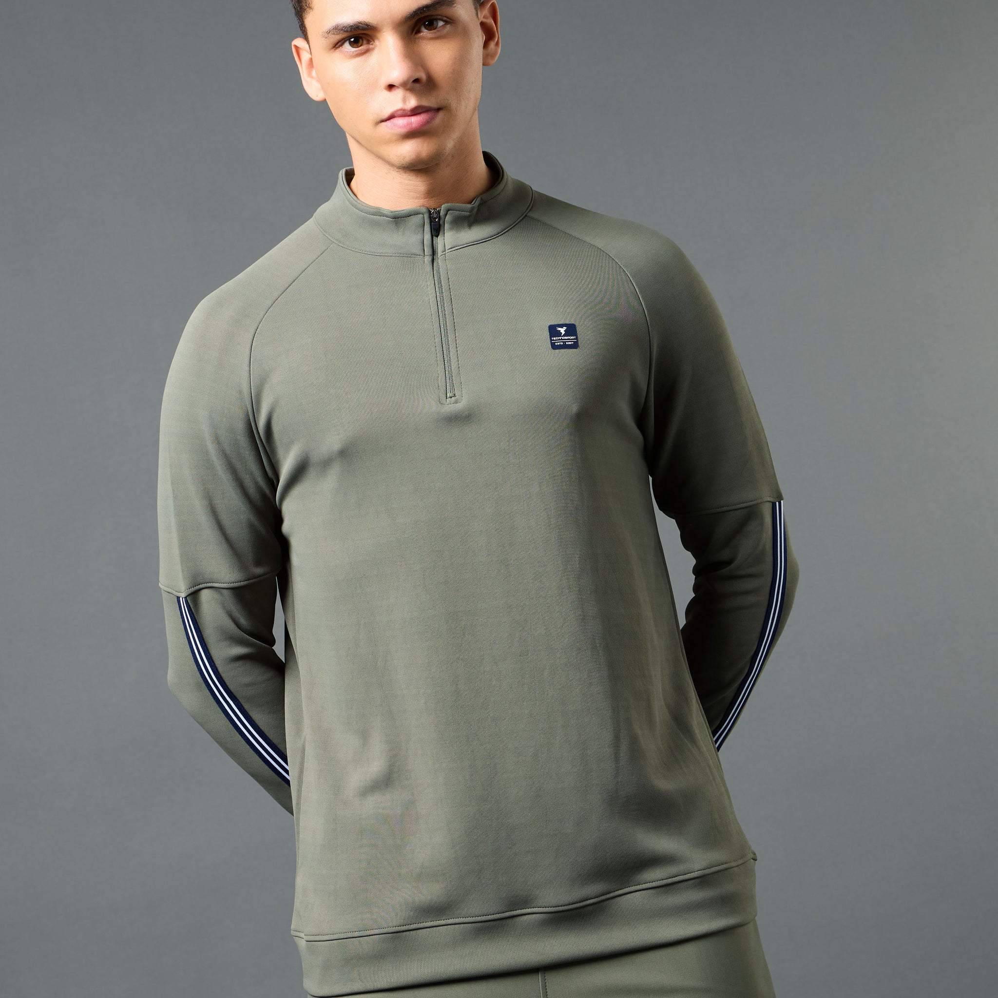 Men Solid Slim Fit Mock Neck Sweatshirt with ELASTO PLUS