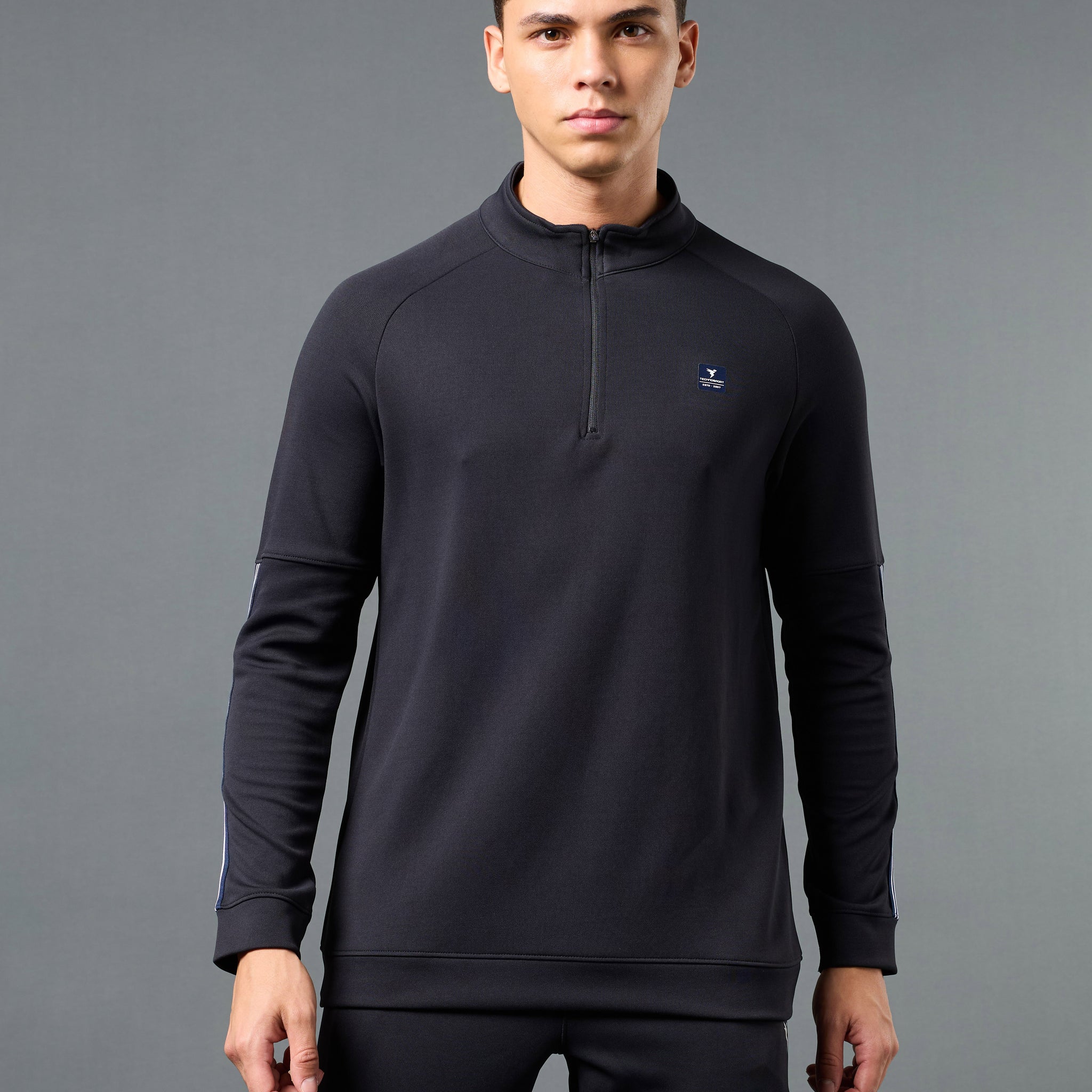 Men Solid Slim Fit Mock Neck Sweatshirt with ELASTO PLUS