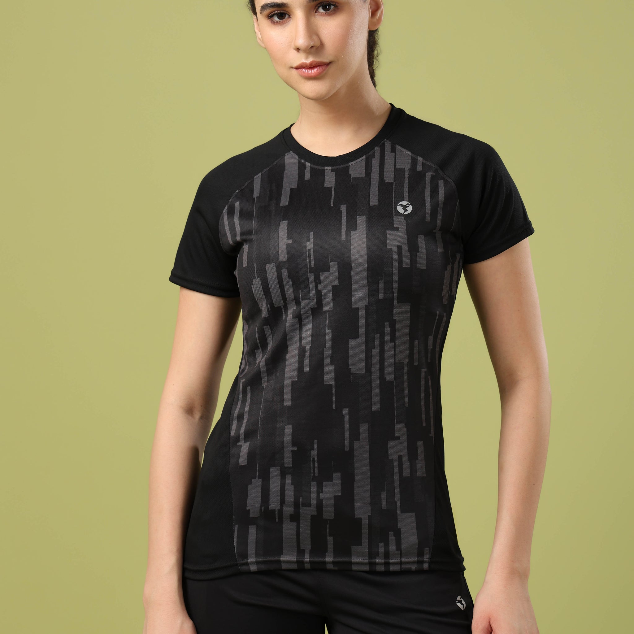 Women Abstract Print Slim Fit Crew Neck T-shirt with TECHNO COOL+