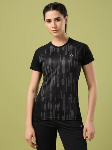 Women Abstract Print Slim Fit Crew Neck T-shirt with TECHNO COOL+