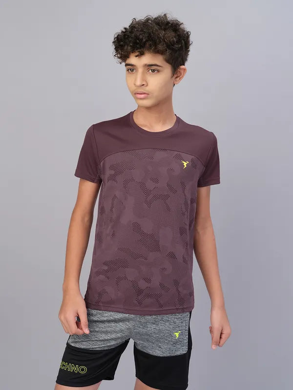 Boys Self Design Slim Fit Crew Neck T-shirt with VENTMESH
