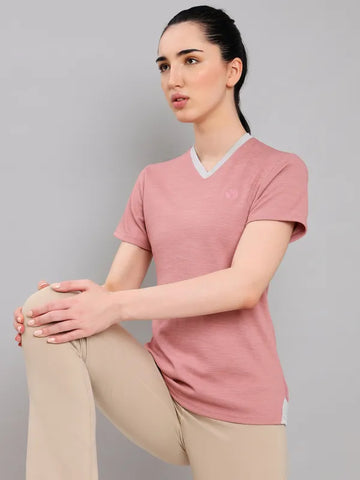 Women Solid Slim Fit V Neck T-shirt with DOUBLE COOL